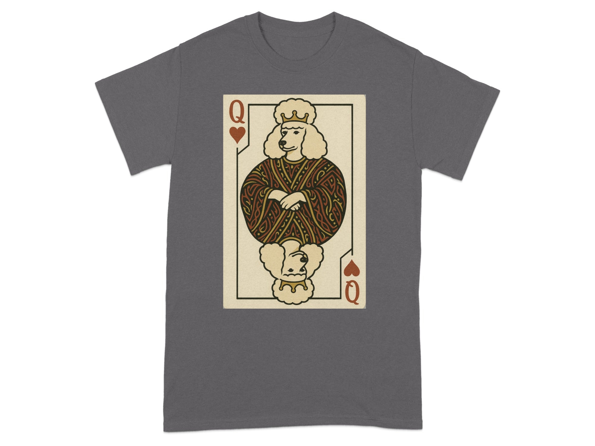 Queen of Hearts playing card with a poodle head and ornate patterned robe on a gray t-shirt.