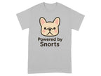 Grey t-shirt with a cartoon French bulldog and "Powered by Snorts" text.