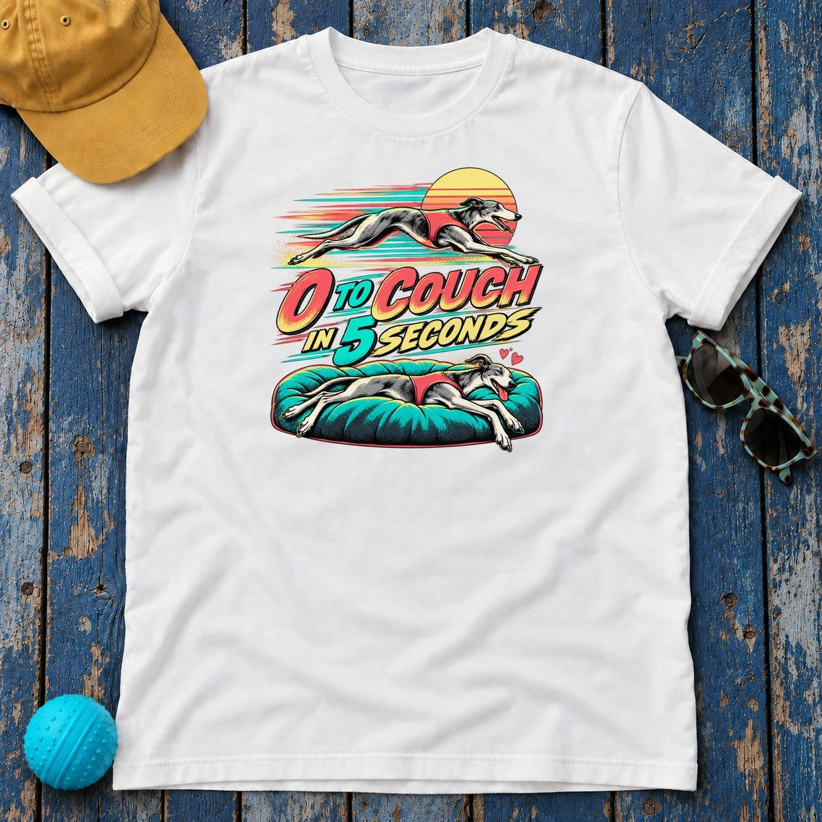 0 to Couch in 5 Seconds Greyhound T-Shirt in White - flat lay