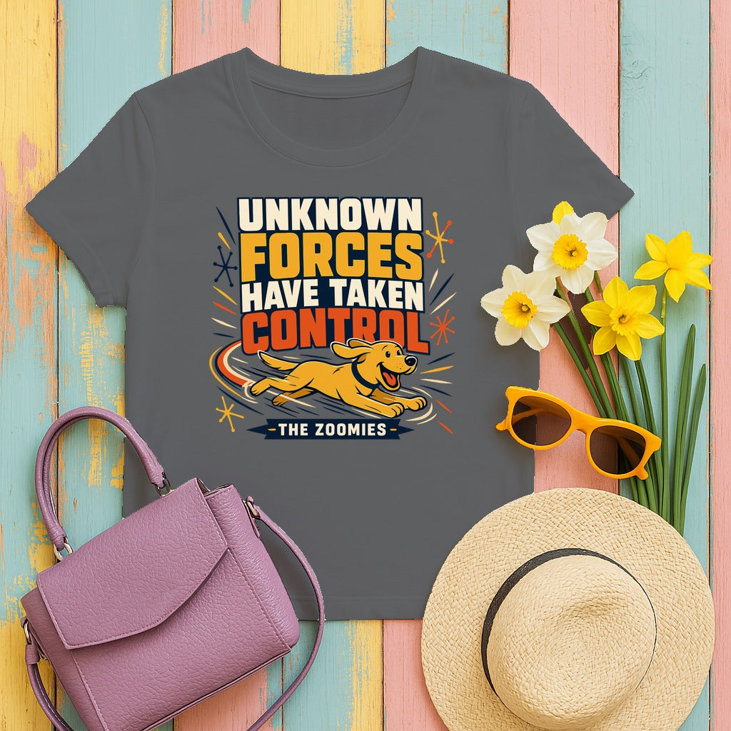 The Zoomies: Unknown Forces Dog T-Shirt in Graphite Heather