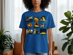 Blue t-shirt featuring a grid of cartoon yellow dogs engaged in various outdoor camping activities.