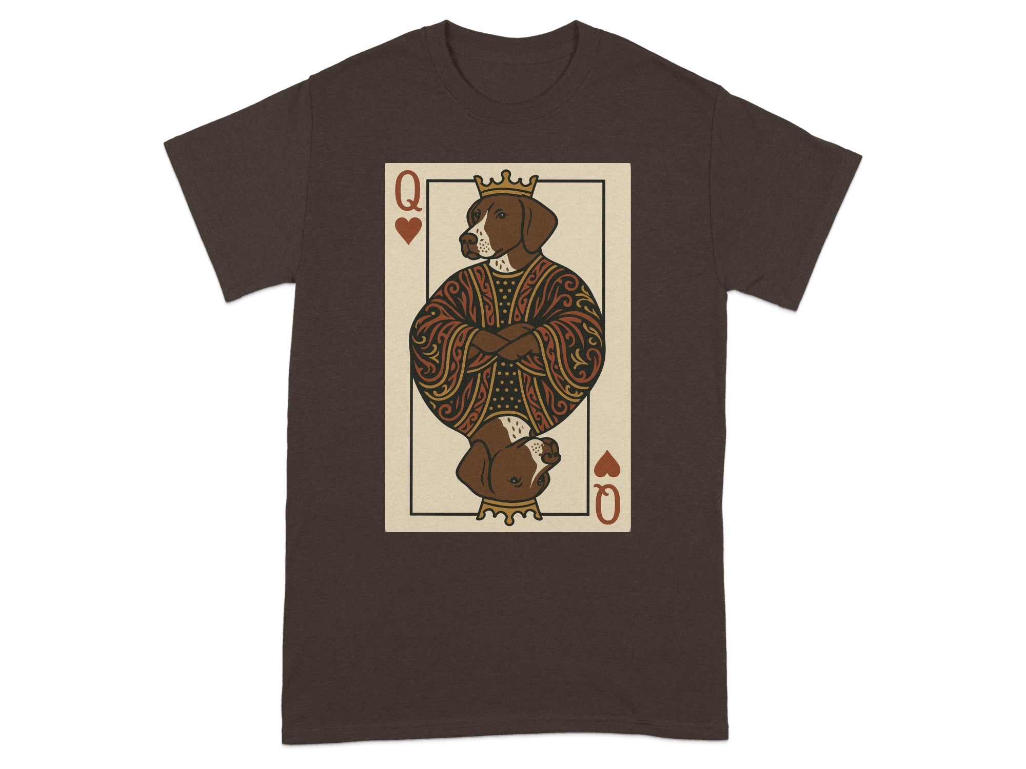 Brown t-shirt with Queen of Hearts playing card featuring a dog in a crown.