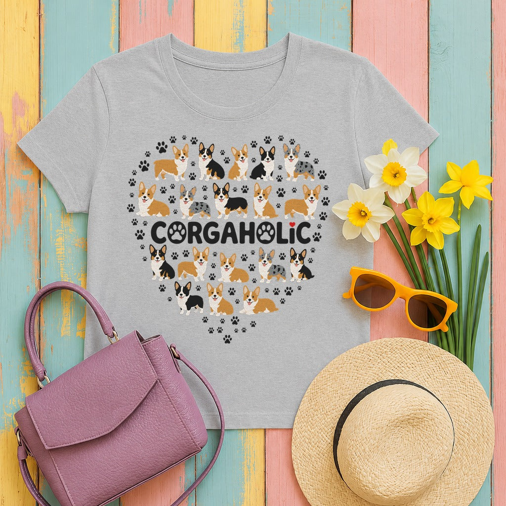 Corgi Corgaholic Heart T-Shirt in Sport Grey