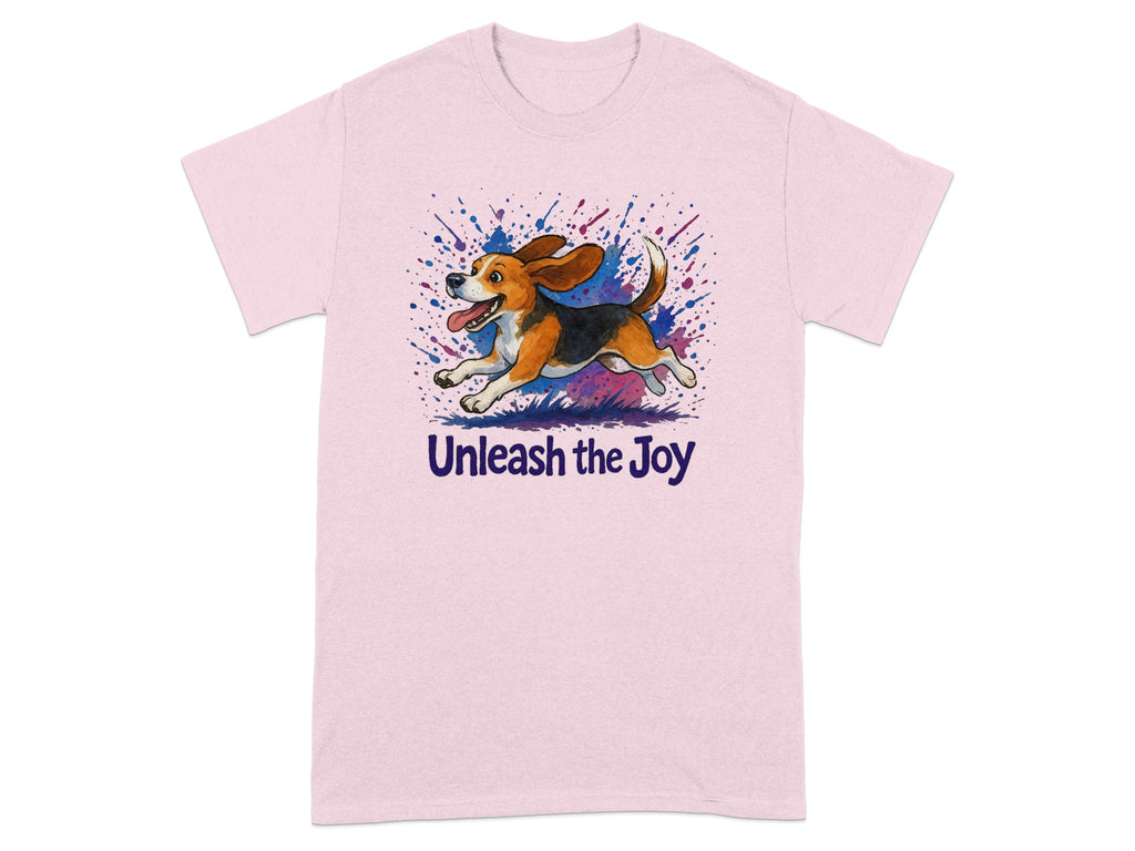 Pink t-shirt with a beagle mid-leap, splattered paint, and text "Unleash the Joy."
