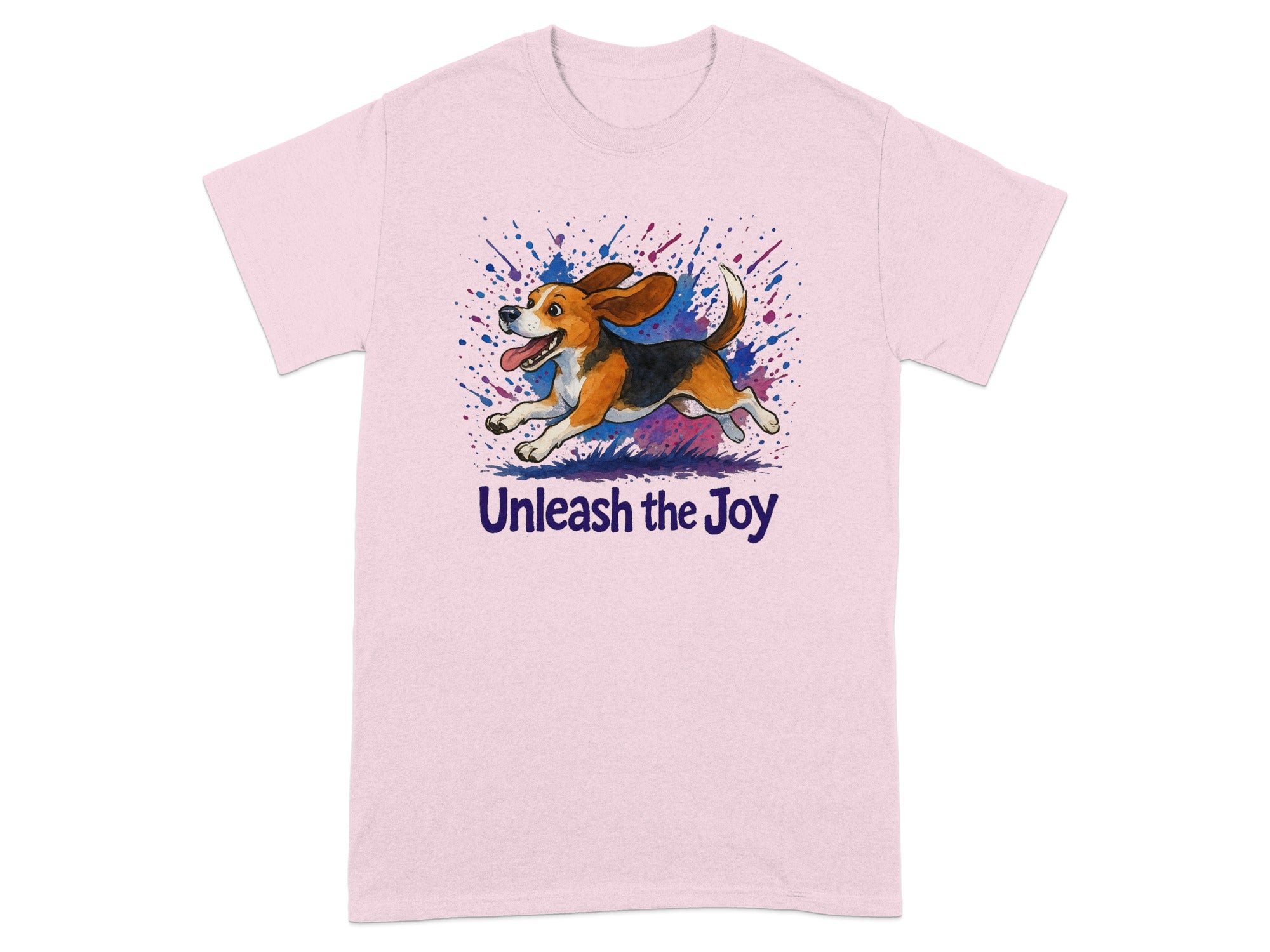 Pink t-shirt with a beagle mid-leap, splattered paint, and text "Unleash the Joy."