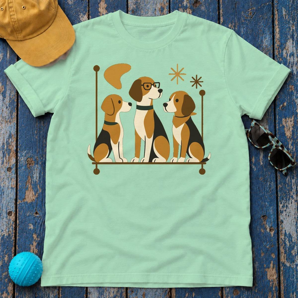 Mid-Century Beagle Trio T-shirt in Mint Green
