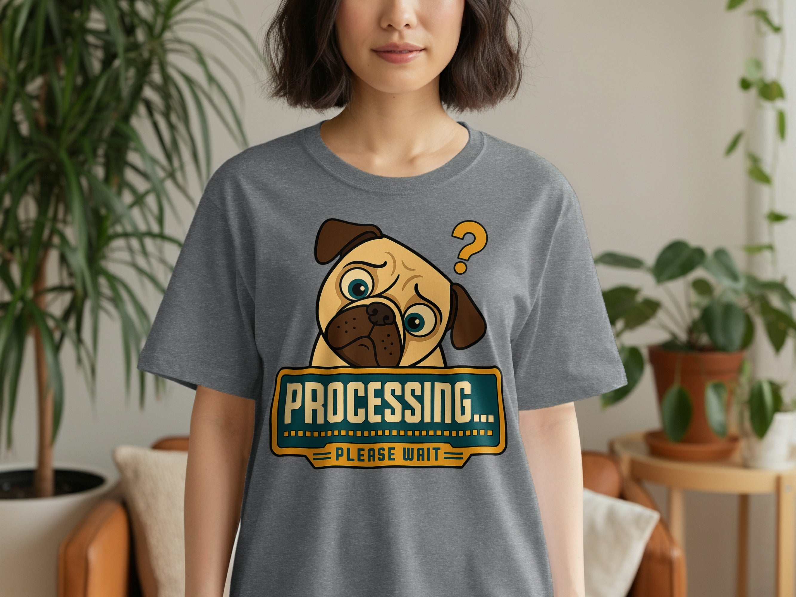 Grey t-shirt with a pug graphic that says "PROCESSING... PLEASE WAIT".