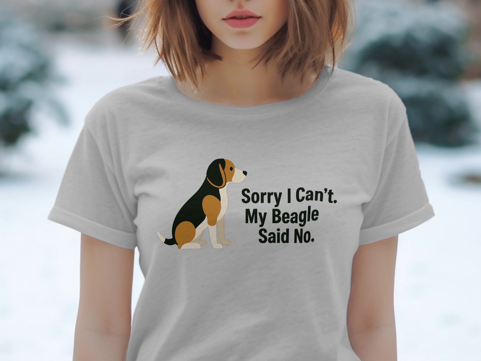 Gray t-shirt with a beagle sitting and text "Sorry I Can't. My Beagle Said No."