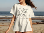 White t-shirt with chihuahua graphic and the text "Slow down, enjoy walks."