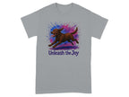 Brown dog running with color splashes and "Unleash the Joy" text on gray t-shirt.