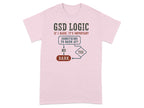 Pink t-shirt with "GSD LOGIC" and a flowchart about barking.