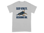 Grey t-shirt with "SLEEP ATHLETE. OCCASIONAL DOG." and a dog napping.