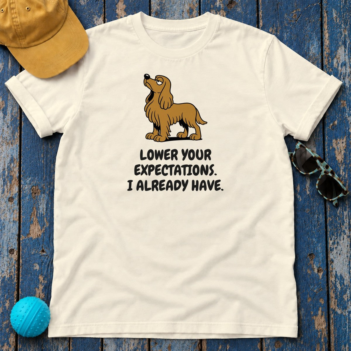 Sussex Spaniel Lower Your Expectations Tee in Natural