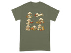 T-shirt with a grid of six illustrations of poodles knitting, playing with yarn, and a cat knitting.