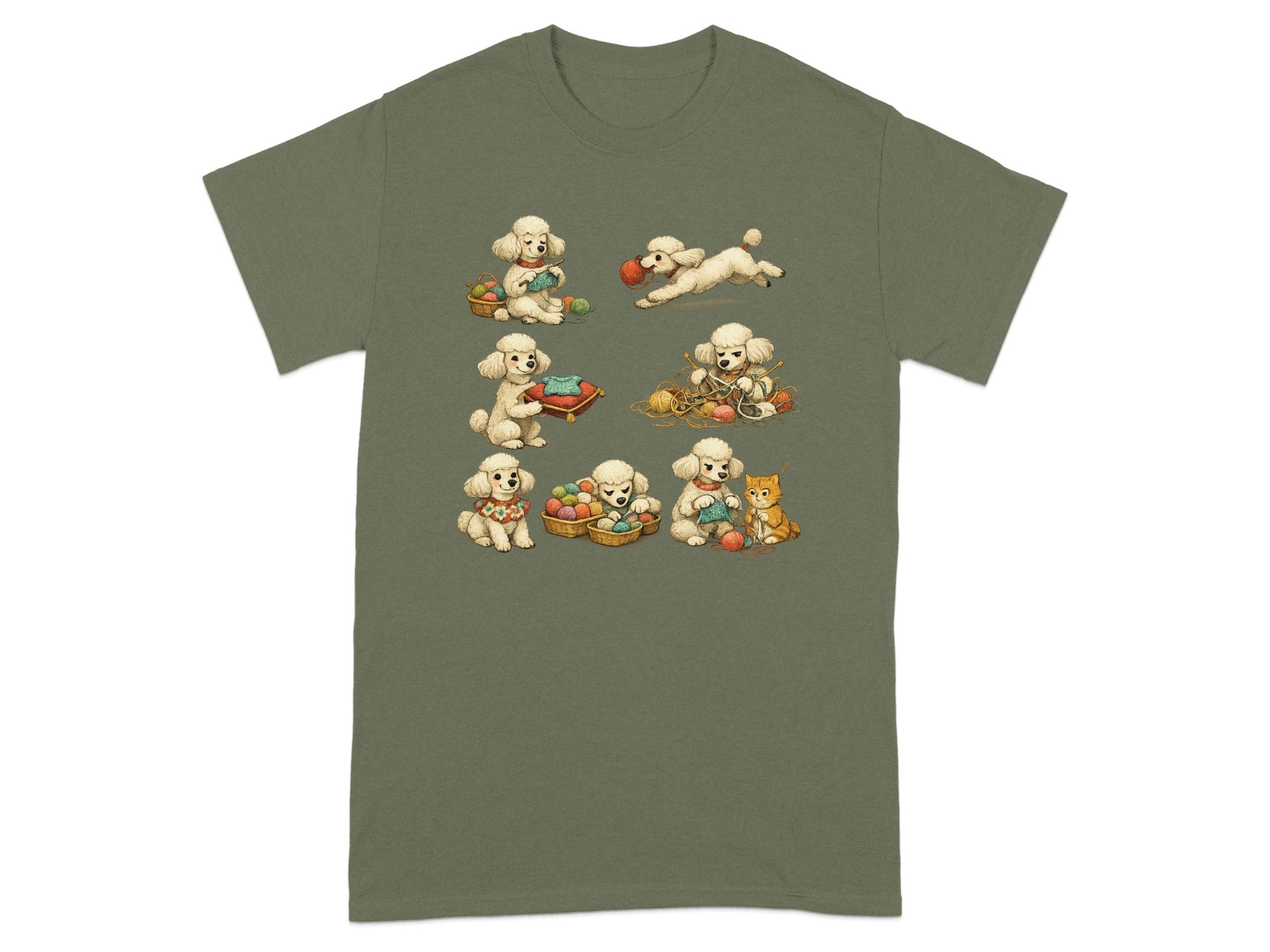 T-shirt with a grid of six illustrations of poodles knitting, playing with yarn, and a cat knitting.