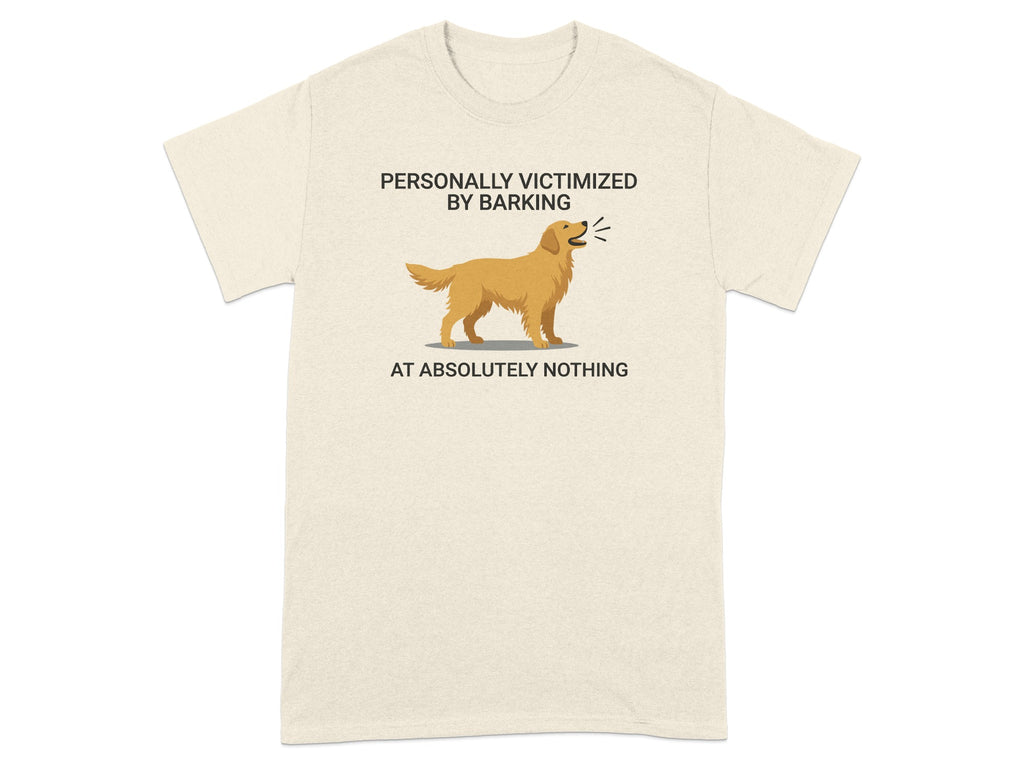 Light beige t-shirt with graphic of barking dog and text.