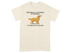 Light beige t-shirt with graphic of barking dog and text.