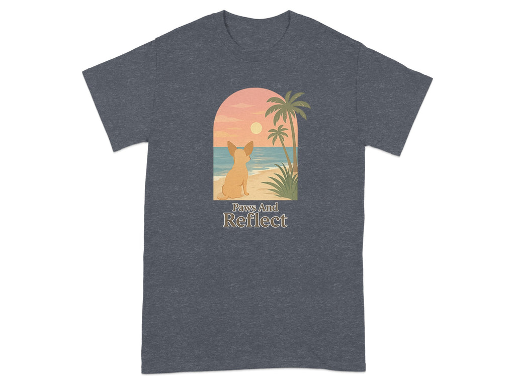 Dog sitting on beach with palm trees, sunset, and text "Paws And Reflect".