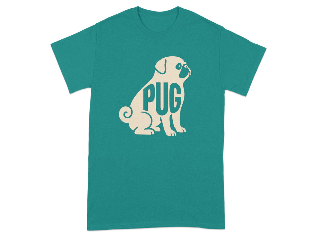 Teal t-shirt with cream outline of a pug and the word PUG.