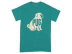 Teal t-shirt with cream outline of a pug and the word PUG.