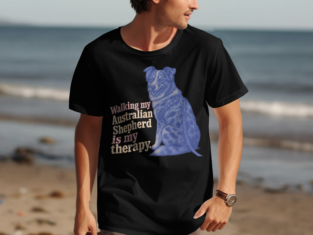 Black t-shirt with blue Australian Shepherd and text: "Walking my Australian Shepherd is my therapy."