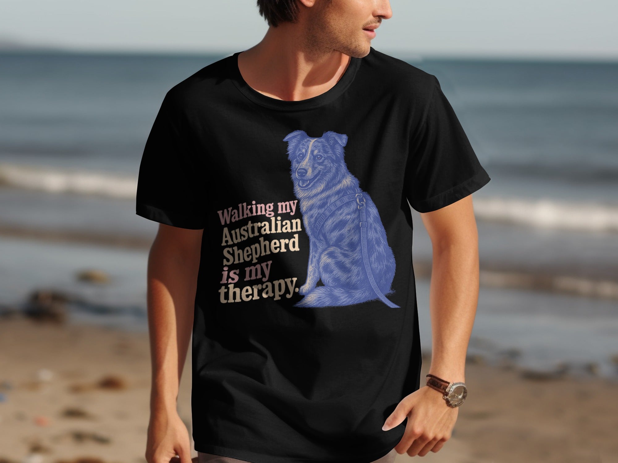 Black t-shirt with blue Australian Shepherd and text: "Walking my Australian Shepherd is my therapy."