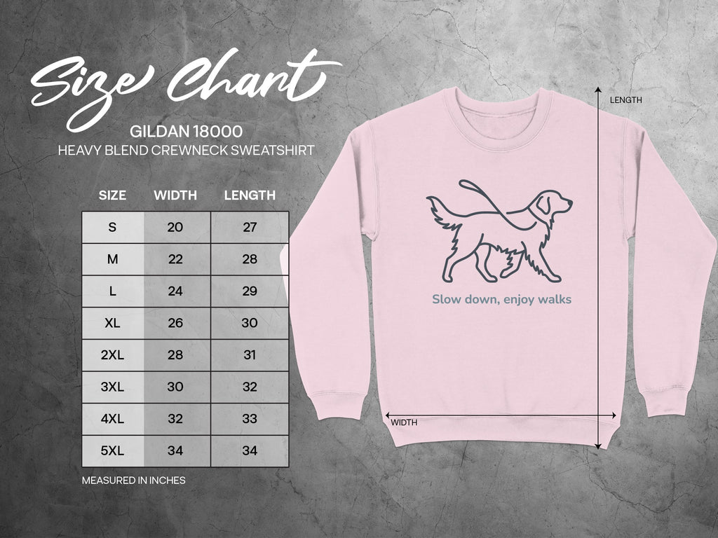Gildan 18000 sweatshirt size chart with width and length measurements.
