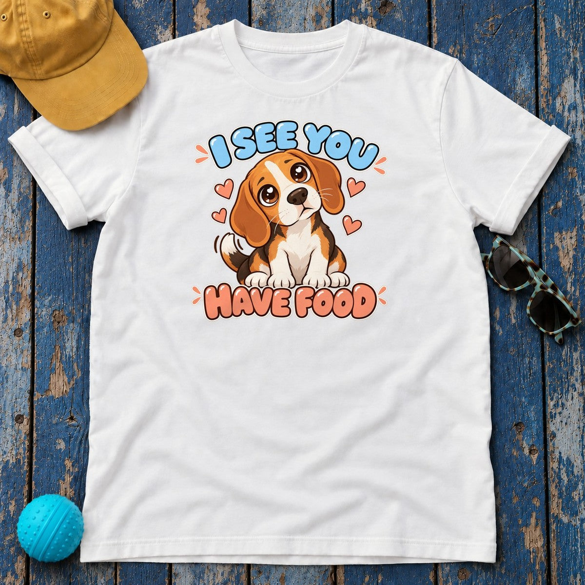 I See You Have Food Beagle T-Shirt in White - flat lay