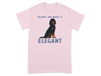 Pink t-shirt with a black dog and the text "ELEGANT".