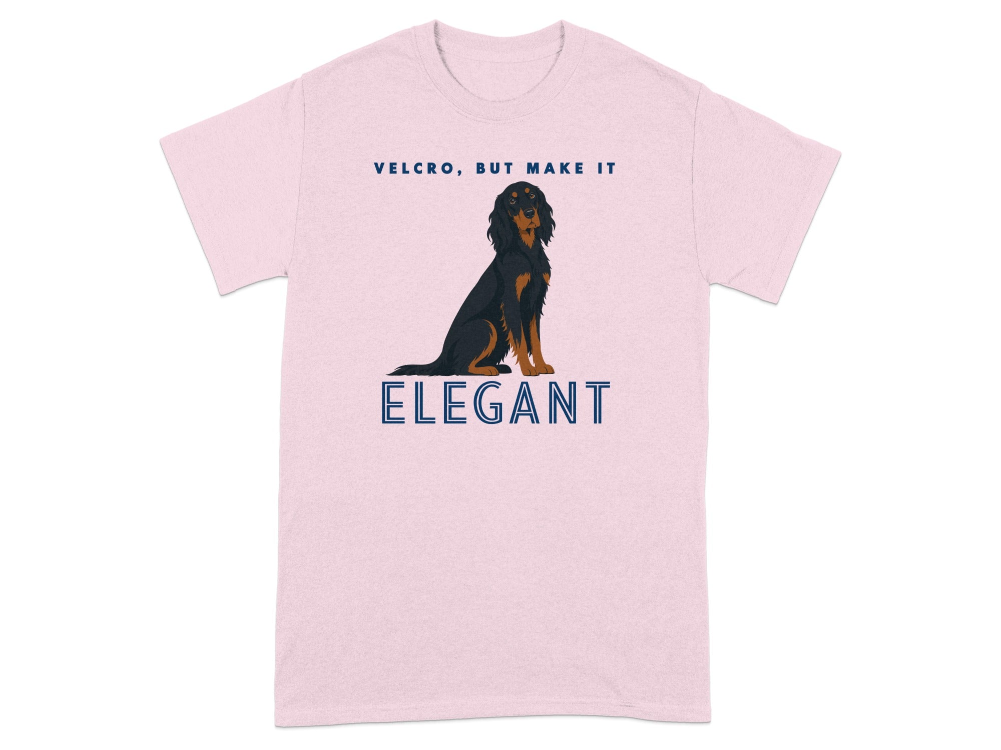 Pink t-shirt with a black dog and the text "ELEGANT".