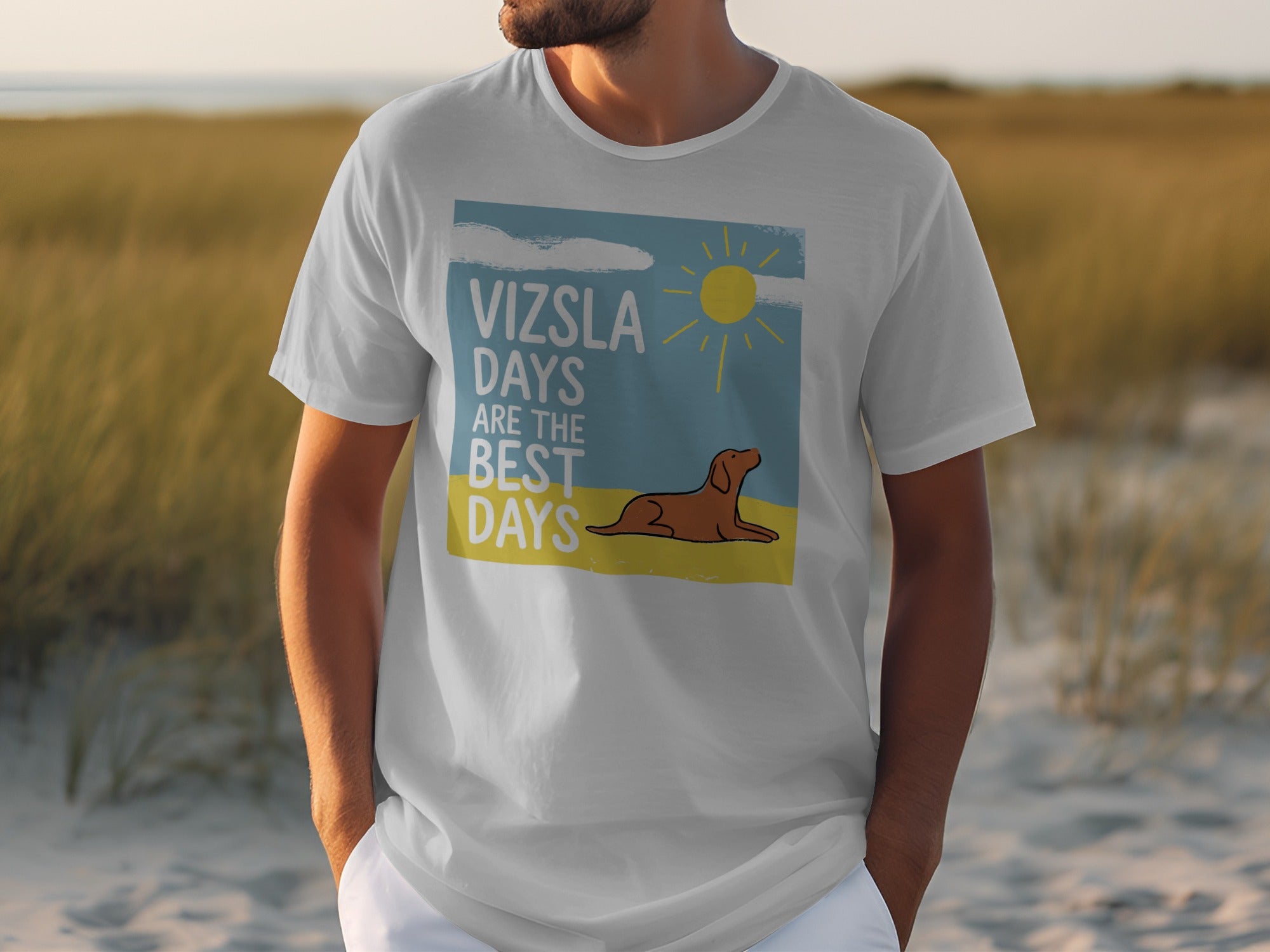 White t-shirt with Vizsla dog and sun graphic, "Vizsla Days Are The Best Days" text.