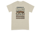 Tan t-shirt with a greyhound sleeping and text "Powered by Naps & Sudden Zoomies".