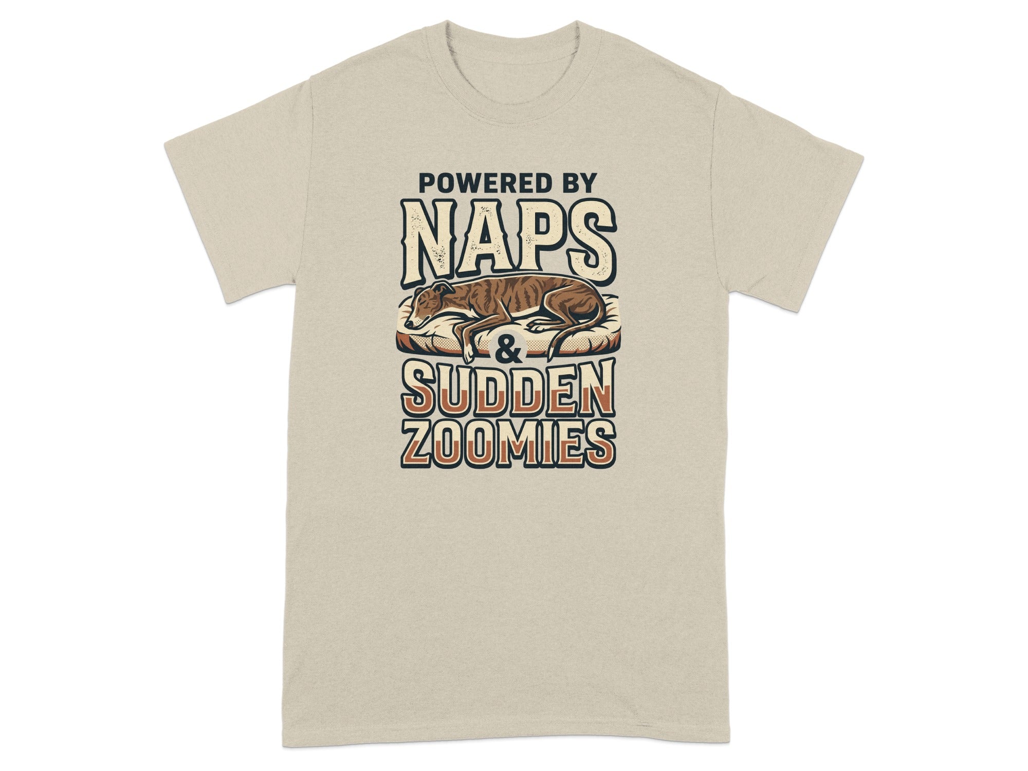 Tan t-shirt with a greyhound sleeping and text "Powered by Naps & Sudden Zoomies".