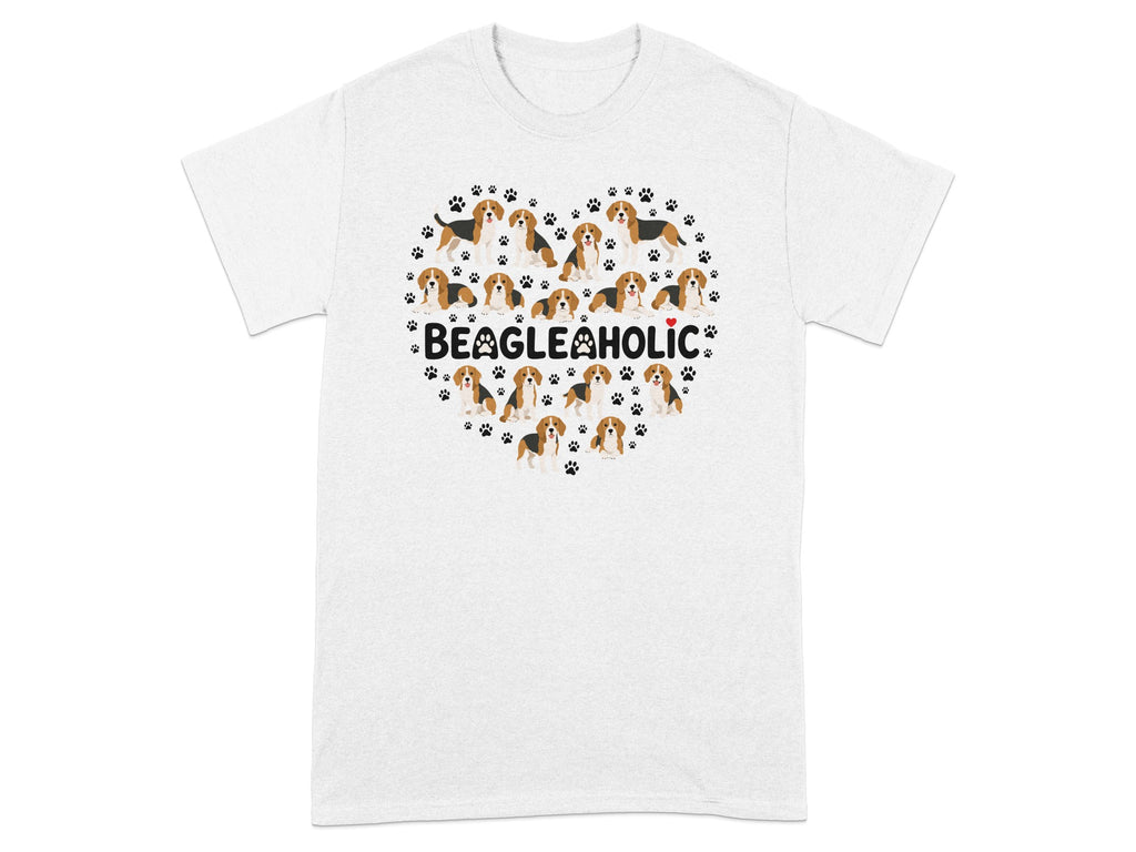 White t-shirt with a heart design of Beagles and paw prints.