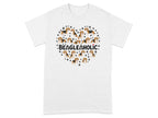 White t-shirt with a heart design of Beagles and paw prints.