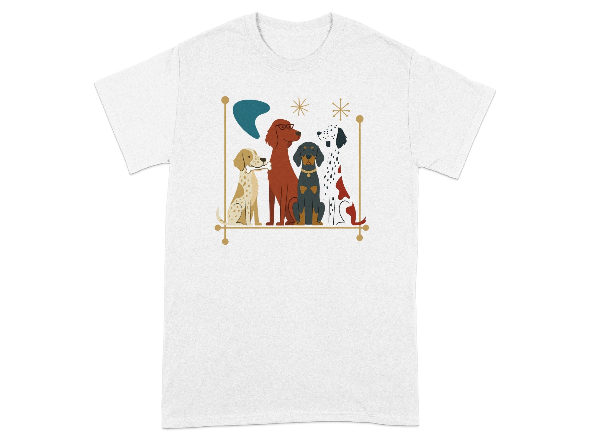 Four cartoon dogs in a line, one wearing glasses, with abstract shapes.