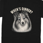 Black t-shirt with a drawing of a dog and text reading "When's Dinner?".