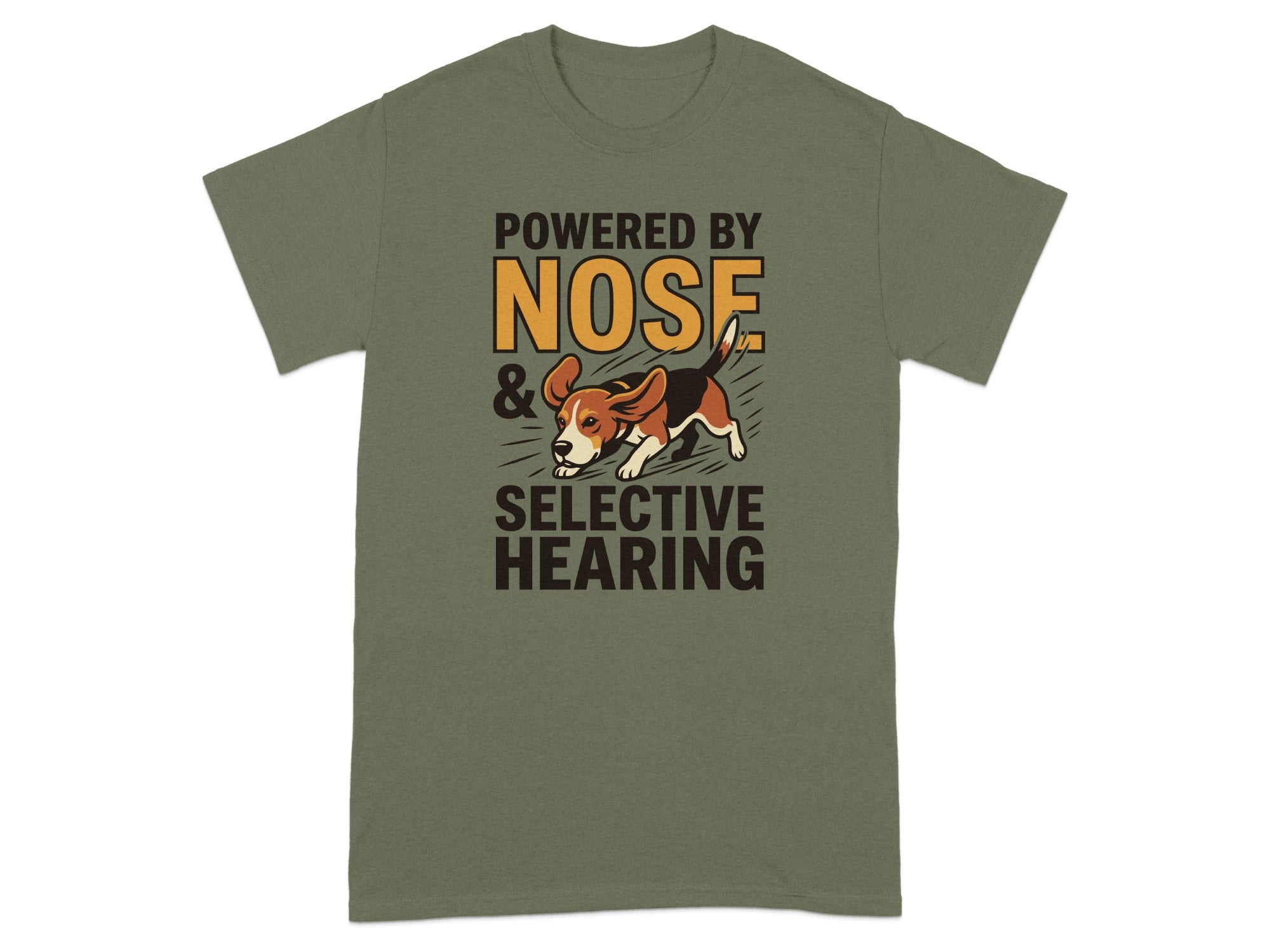 Green t-shirt with beagle and text "POWERED BY NOSE & SELECTIVE HEARING".