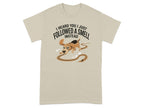 Beige t-shirt with a cartoon dog following a scent trail.