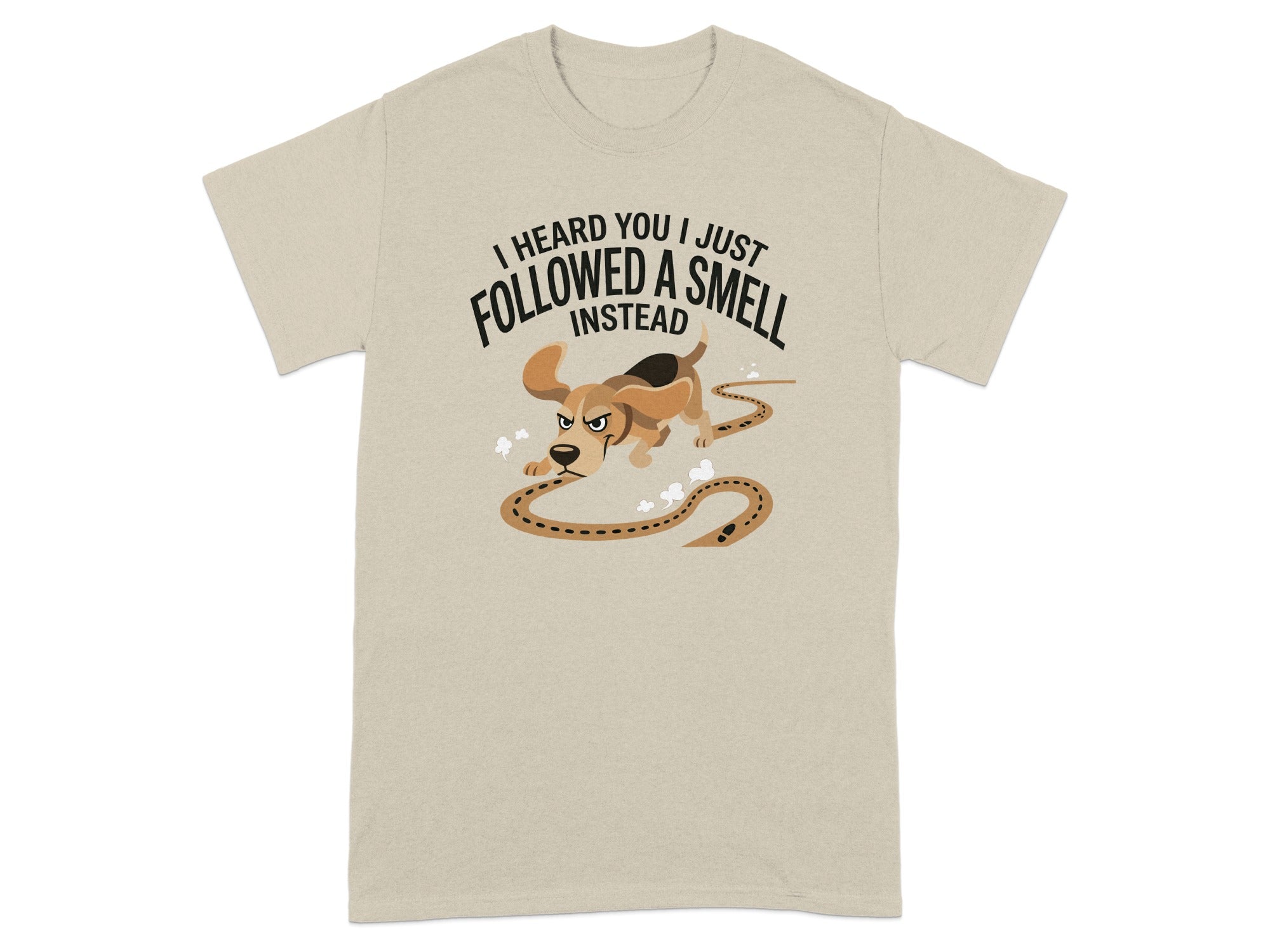 Beige t-shirt with a cartoon dog following a scent trail.