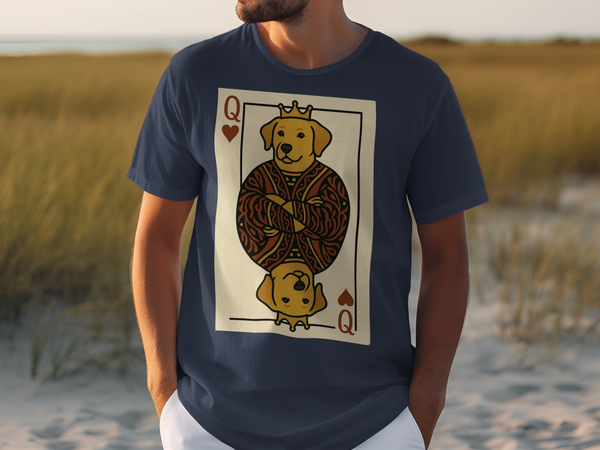T-shirt featuring a Queen of Hearts card with a crowned dog design.