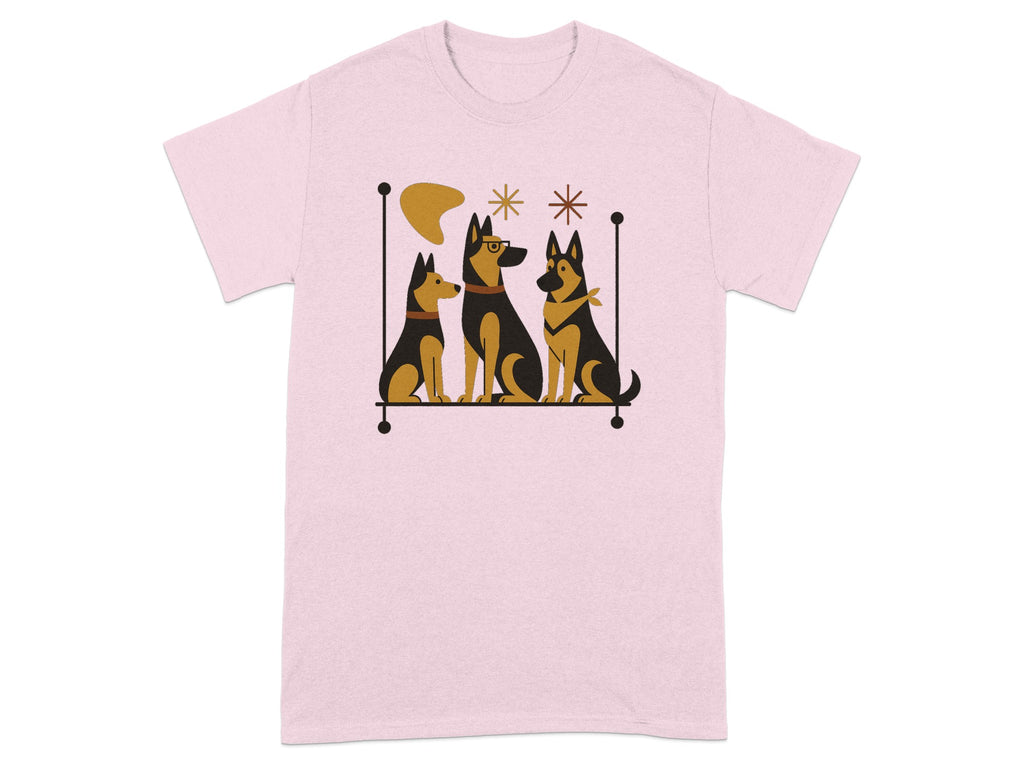 Pink t-shirt with graphic of three German Shepherd dogs sitting on a shelf with abstract shapes.