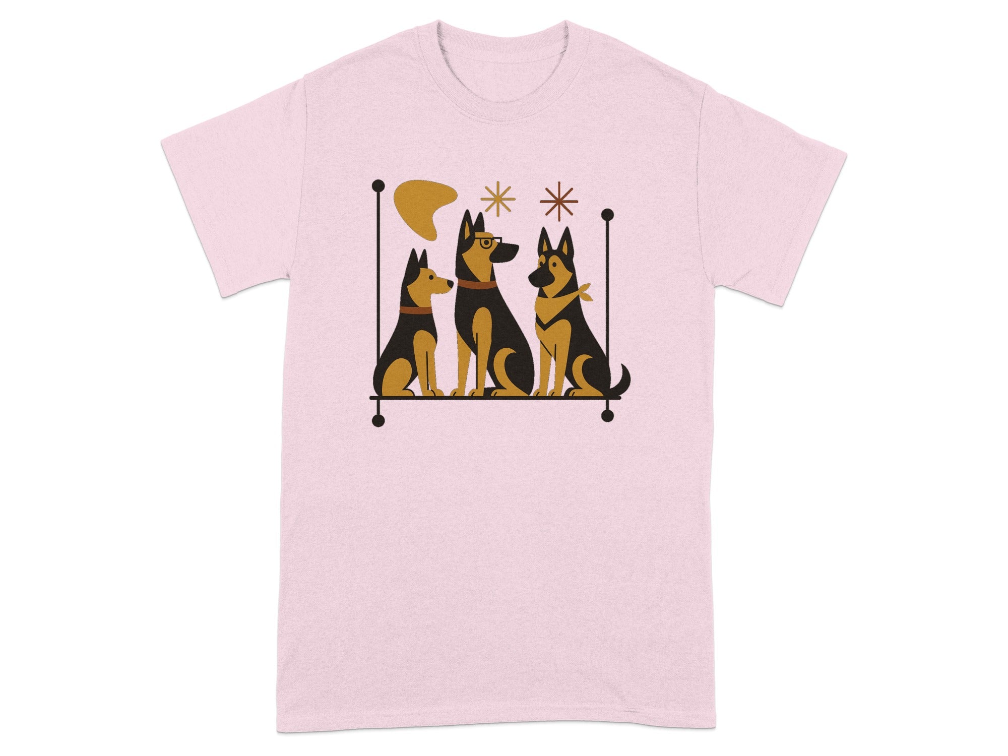 Pink t-shirt with graphic of three German Shepherd dogs sitting on a shelf with abstract shapes.
