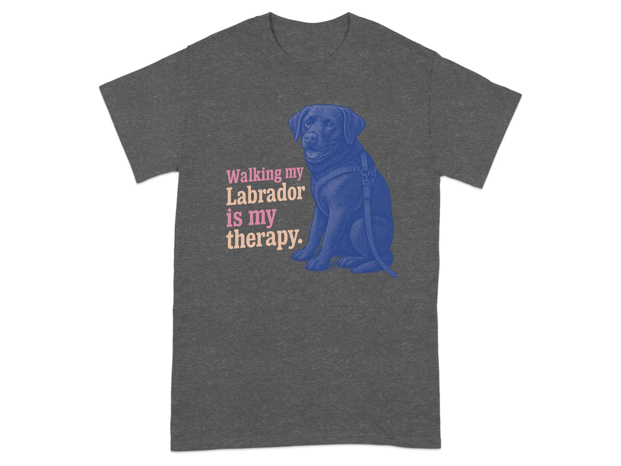 Dark grey t-shirt with blue Labrador and text "Walking my Labrador is my therapy".