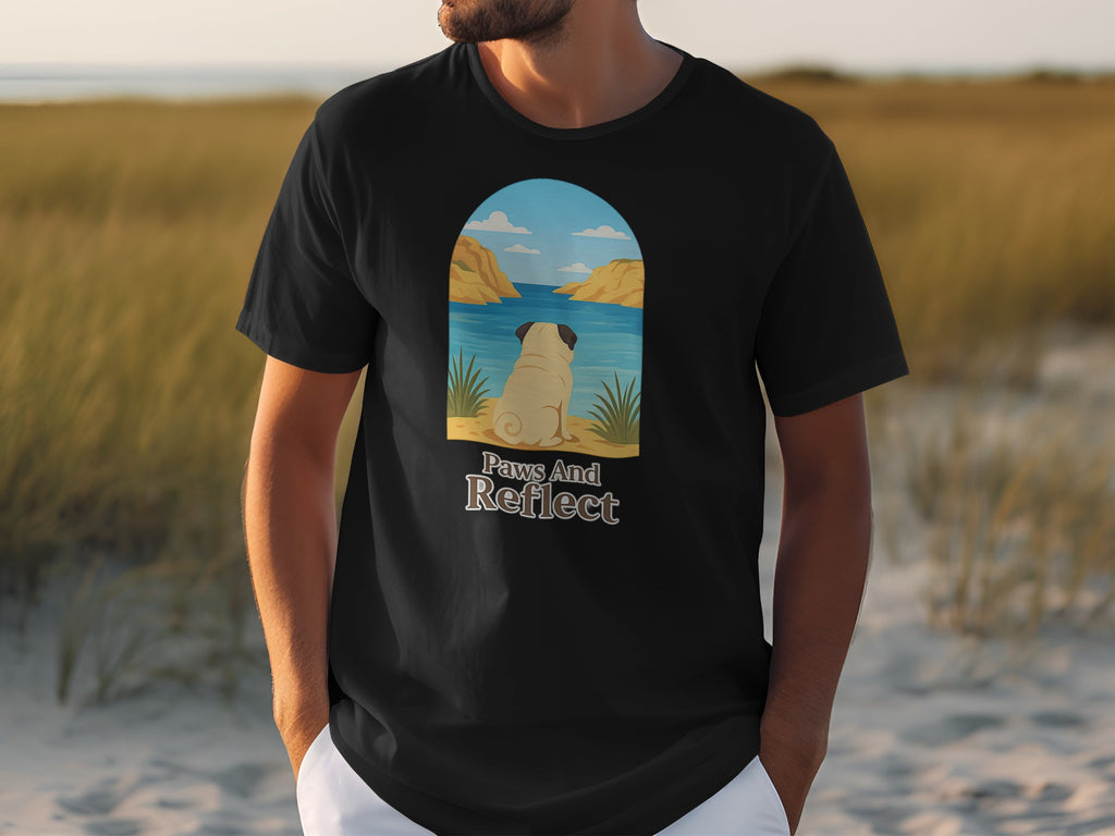 Black t-shirt with pug at arch overlooking water, text "Paws And Reflect".