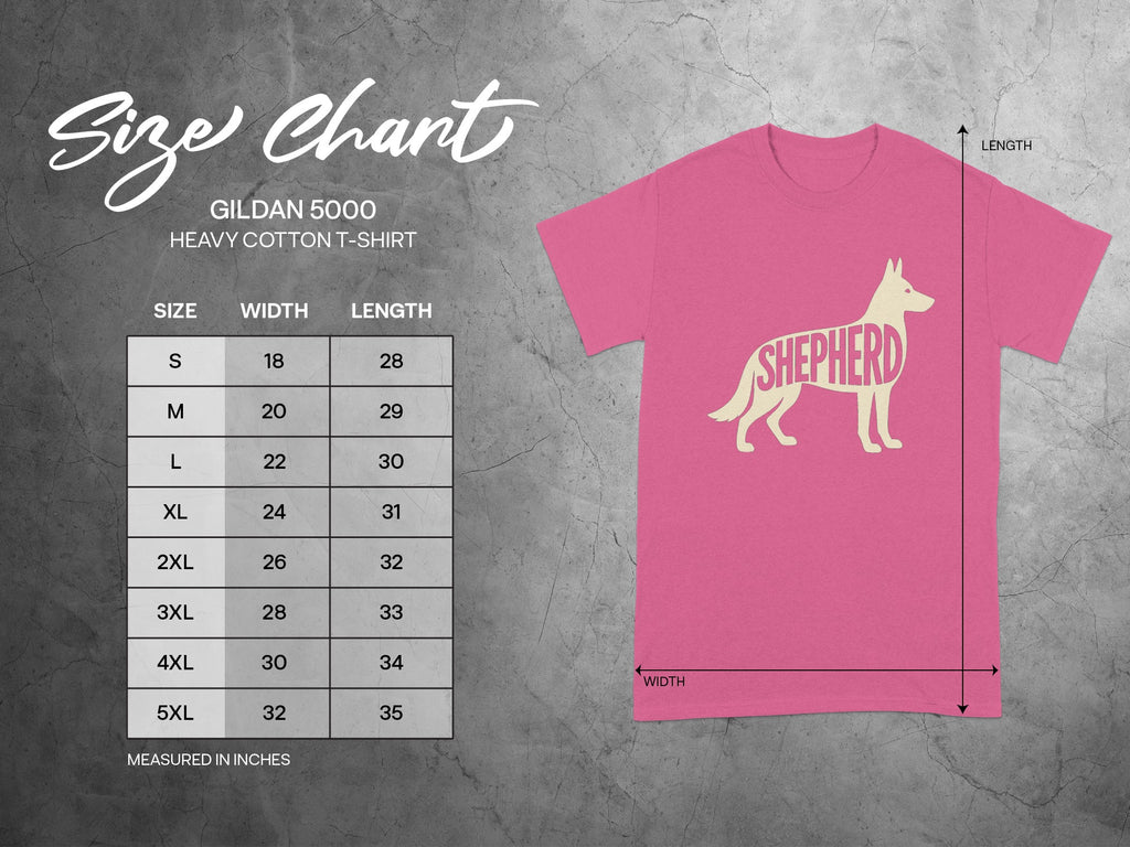 Gildan 5000 heavy cotton t-shirt size chart with measurements in inches.