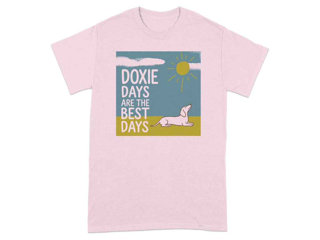 Pink t-shirt with a dachshund and "Doxie Days Are The Best Days" text.