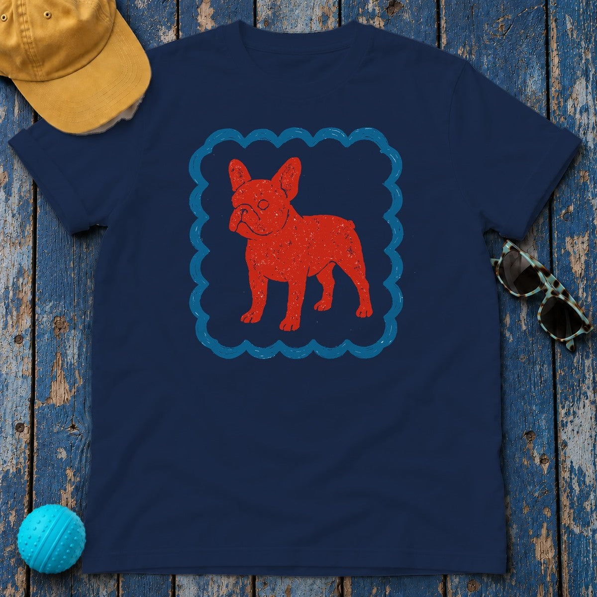 French Bulldog in Decorative Border Graphic Design T-Shirt in Navy