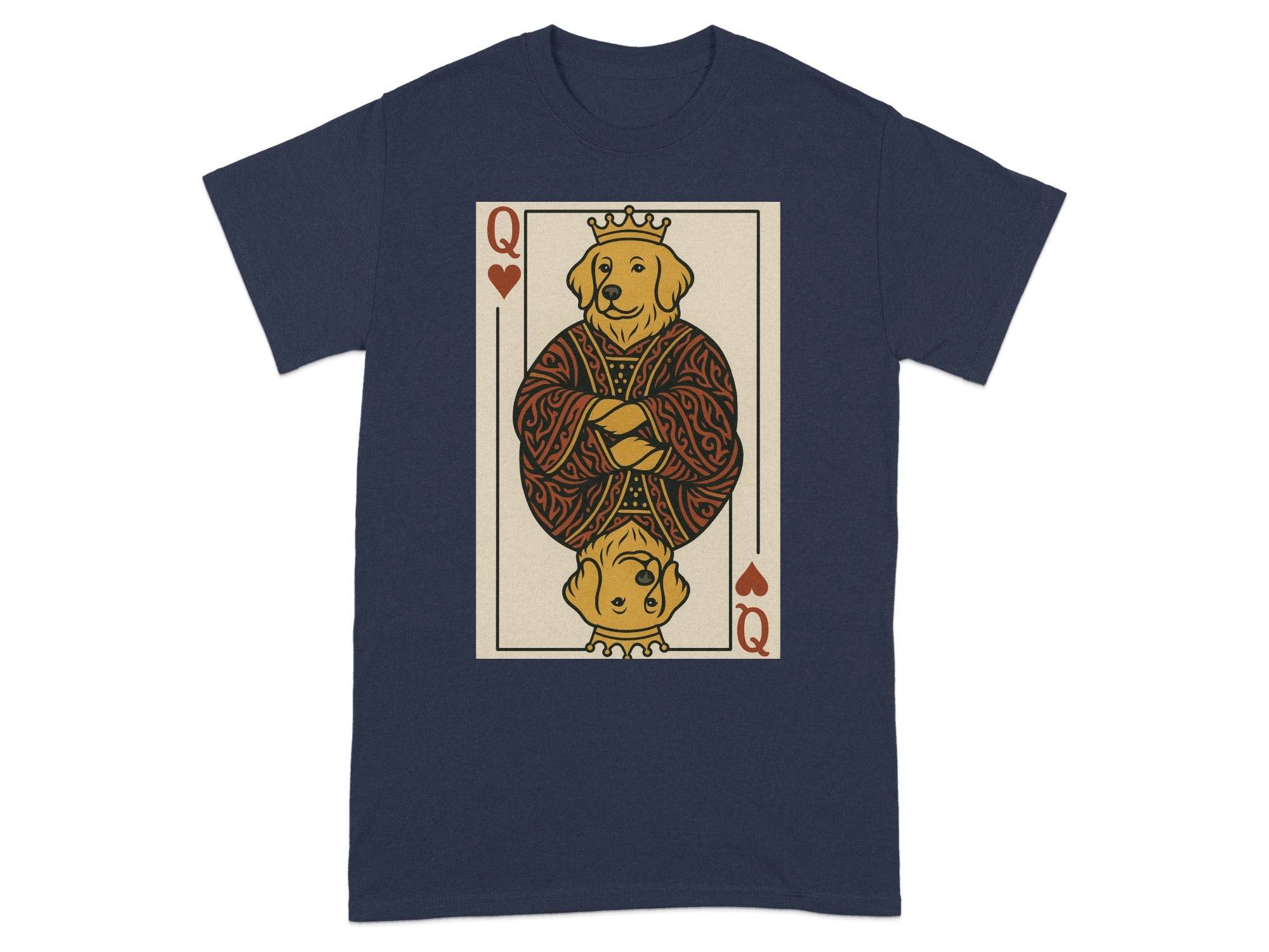T-shirt with queen of hearts playing card featuring a golden retriever wearing a crown.
