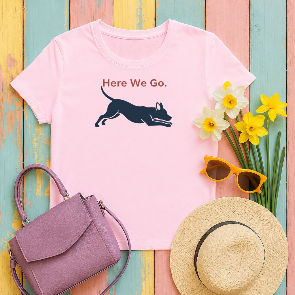 Here We Go. Dog Running Silhouette T-Shirt in Light Pink